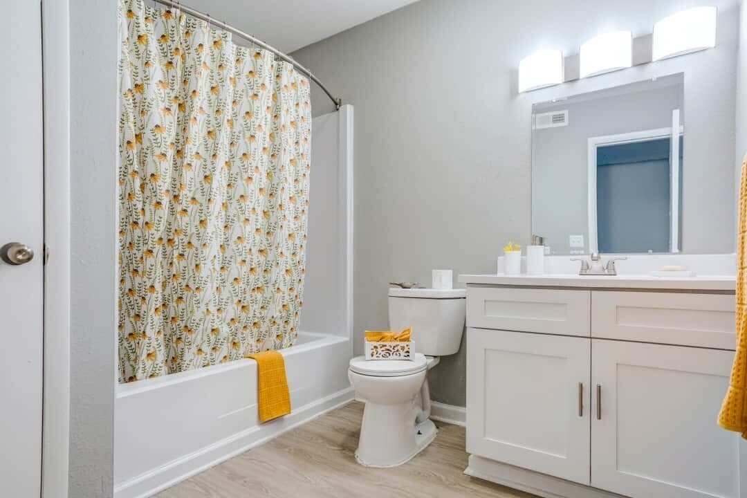 Modern bathroom with white vanity