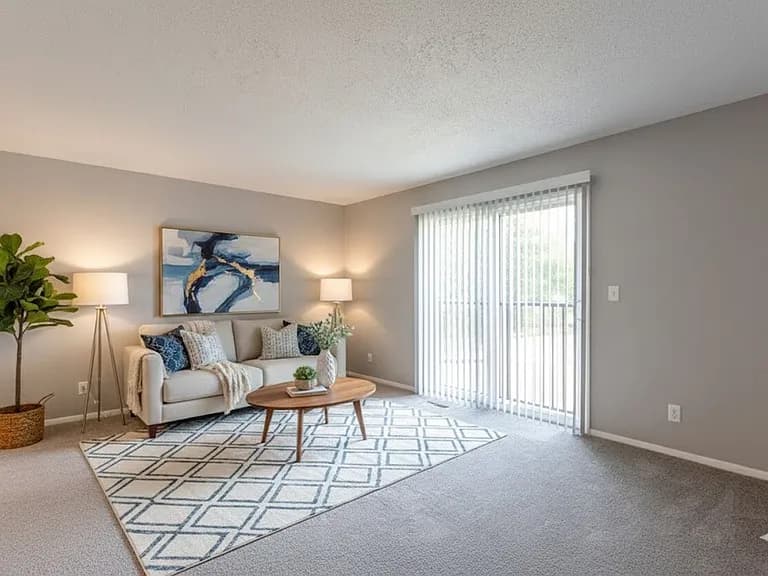 Bright staged living room with modern furnishings